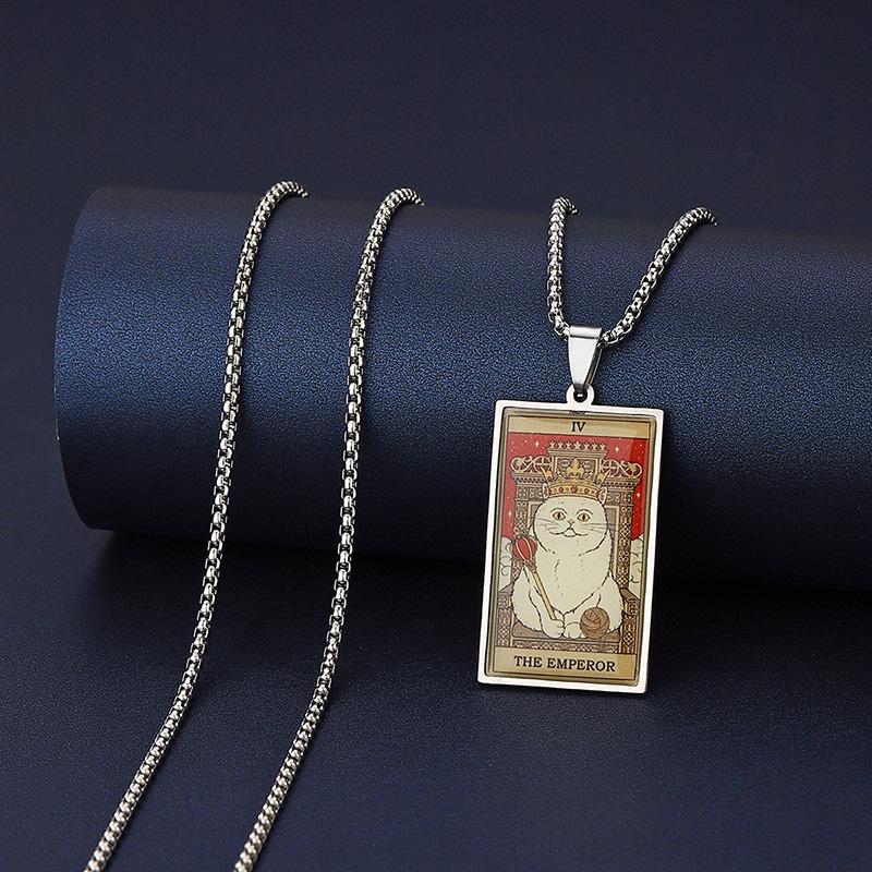 Stainless Steel Epoxy Cat Tarot Card Pendant Necklace For Men Boys Animal Divination Jewelry