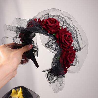 Yousheng Halloweenowa Opaska z Głowami Róż dla Kobiet Gotycka Czarna Koronka Czerwone Róże Opaski do Włosów Lolita Koronkowe Nakrycia Głowy na Maskaradę Imprezę Cosplay Włosy