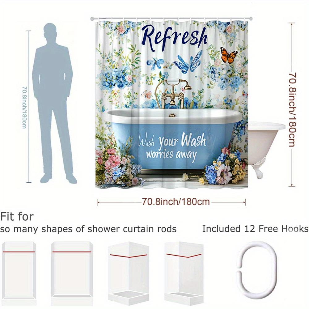 

Vintage Clawfoot Bathtub Shower Curtain - Light Blue Floral, Wish Your Wash Worries Away , Polyester Modern Decor W60H190(CM)-1 Pcs