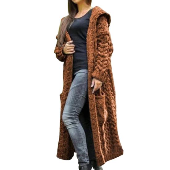 Women Sweater Jacket with Pockets Mid Length Hooded Knitted Twisted Texture Solid Color Long Sleeve Jacket Plus Size Thick Daily Commuting Outerwear