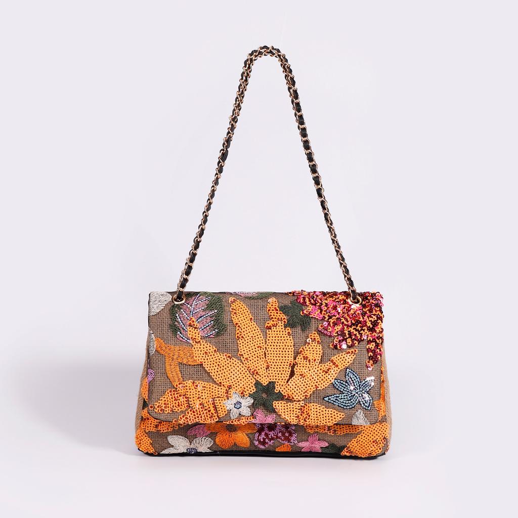 Embroidery sequined shoulder bag summer new niche woven straw bag high-end large-capacity armpit bag