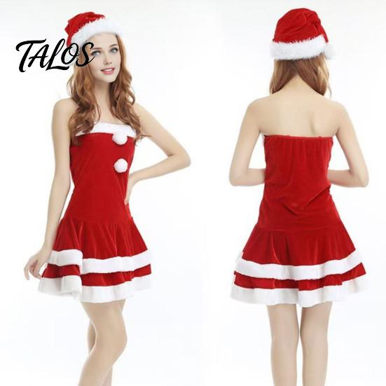 Bühnenauftrittskleidung Damen Weihnachten Weihnachtsmann Kostüm, Cosplay Kostüm mit Kleid, Rot Weiß Anzug Hut & Schal, Samt Weihnachtsfeier Mini Ärmellos