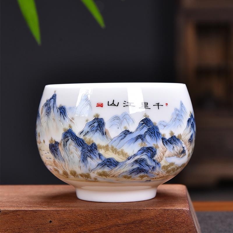 Suet Jade Master Cup Tea Cup Gift Ceramic Thousand Miles Jiangshan Tea Cup Gift Personal Special Tea Cup