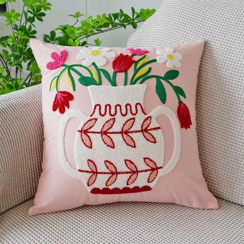 

1Pcs Rural Style Embroidery Flower Bud Pillowcase Elegant 45cm Sofa Cushion Pillow Cover For Home Living Room Decoration 18x18Inch