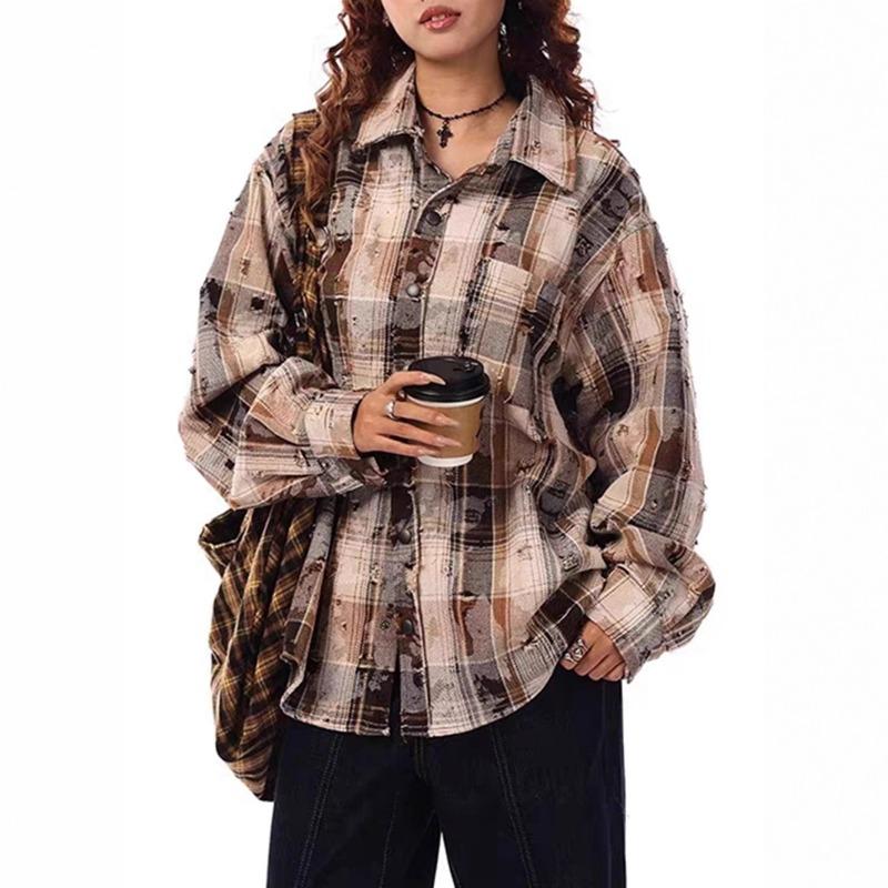 Women Loose Distressed Plaid Long Sleeve Vintage Casual Shirt Blouse Outerwear