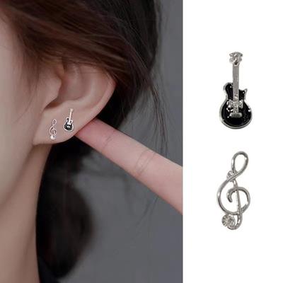 1 Pair Creative Studs Note Shining Shape Ear Guitar Rhinestones Inlaid Girls Asymmetrical Stud Earrings