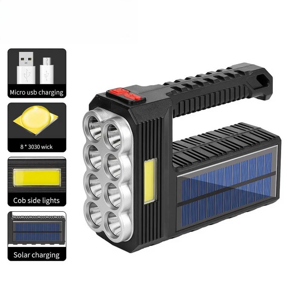 Outdoor Camping Searchlight 8LED Bulbs Solar Charging Handheld Flashlight USB Charge Portable Lamp 4 Bright Lighting Modes