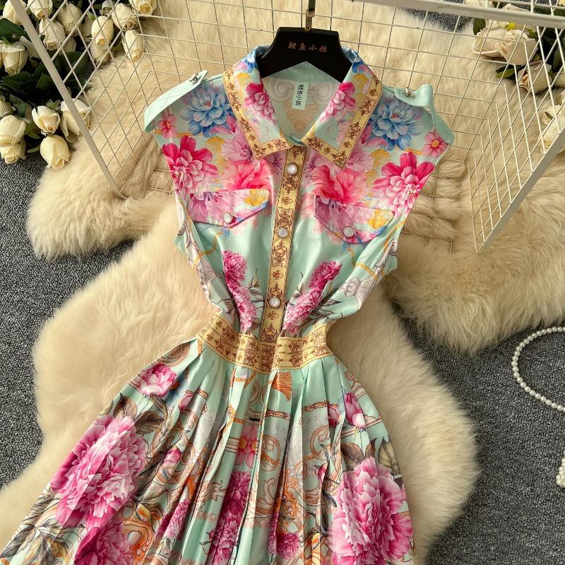 Léto Francie Elegantní Vintage Designové Ženy Potisk Tlačítko Plisované Tenké Dlouhé Společenské šaty Dámské Ležérní Elegantní Sváteční oblečení Nové