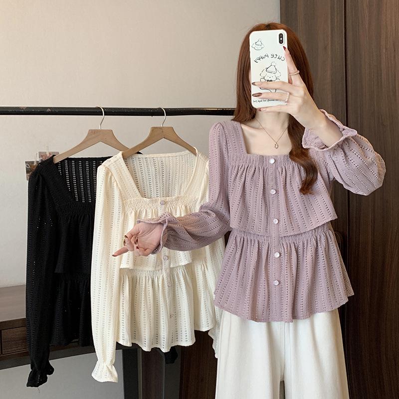 Spring Plus Size Women s French Ruffle Square Neck Hollow Out Doll Blouse L