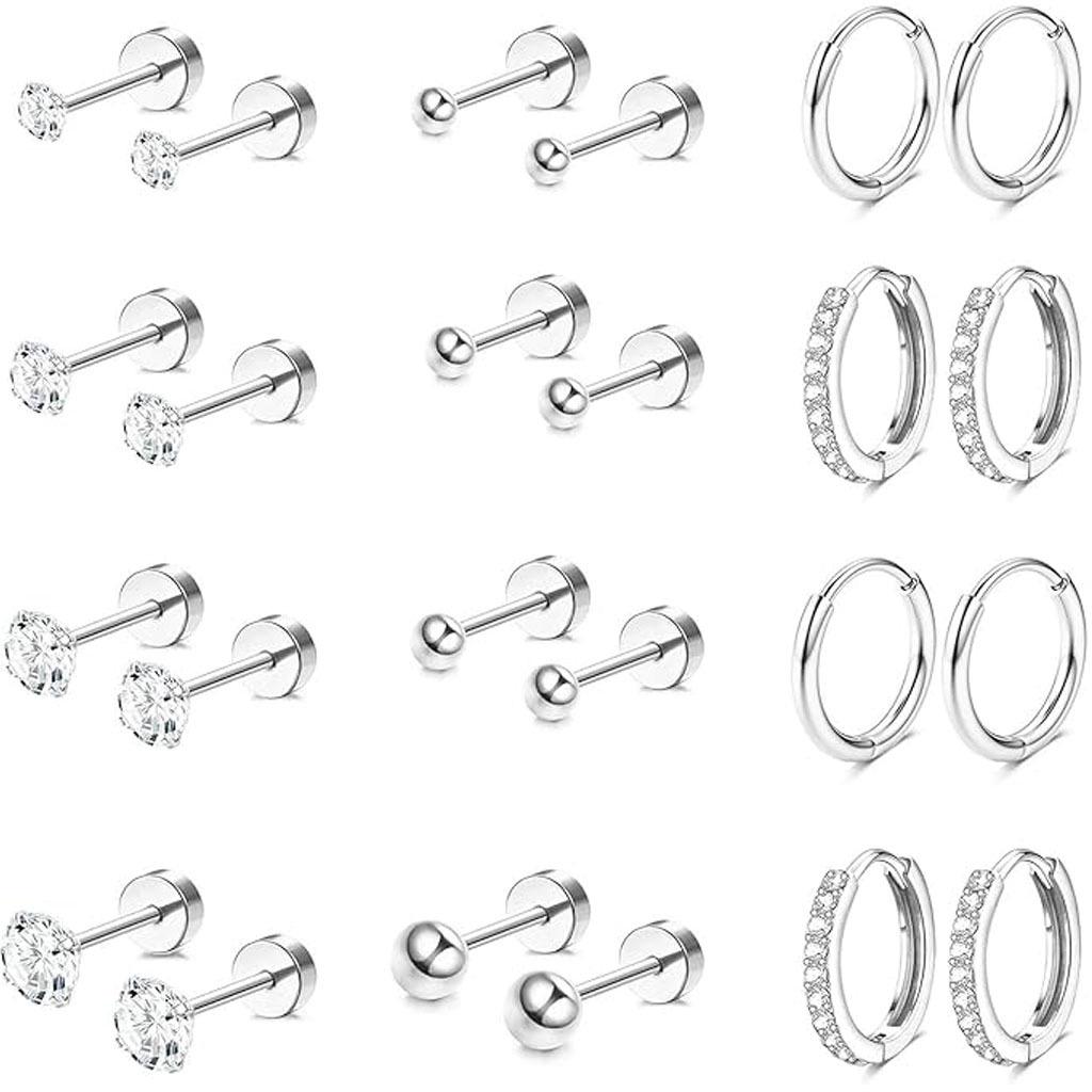 Stainless Steel European-American Style Stud & Hoop Earring Set