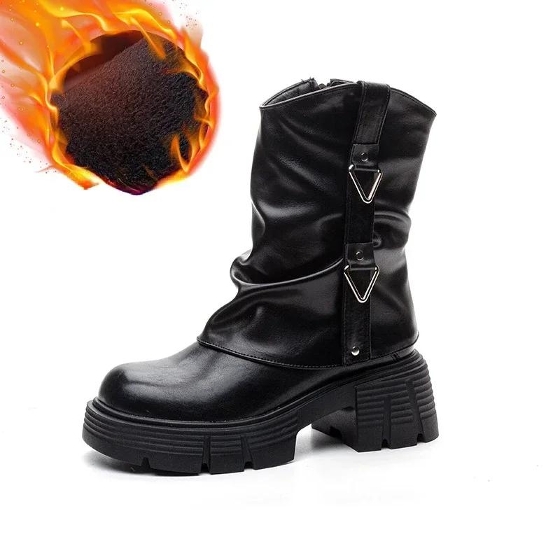 Fashion 6.5cm New Microfiber Leather Spring Round Toe Winter Plush Fashion Ladies Shoes Autumn Boots Women Ankle Booties Chimney