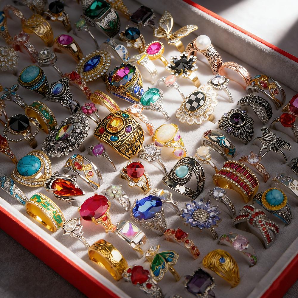 10/20/30/50Pcs/Lot Boho Fashion Luxury Colorful Rhinestone Rings Men Women Blingbling Jewelry Party Banquet Mixed Jewelry Gifts