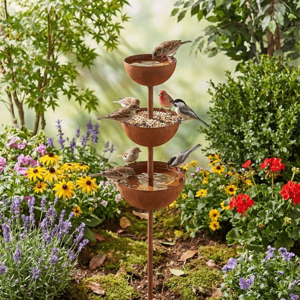 3-Tier Bowl Metal Bird Bath Rusted Bird Feeding Station Garden Rain Catcher Patio Backyard