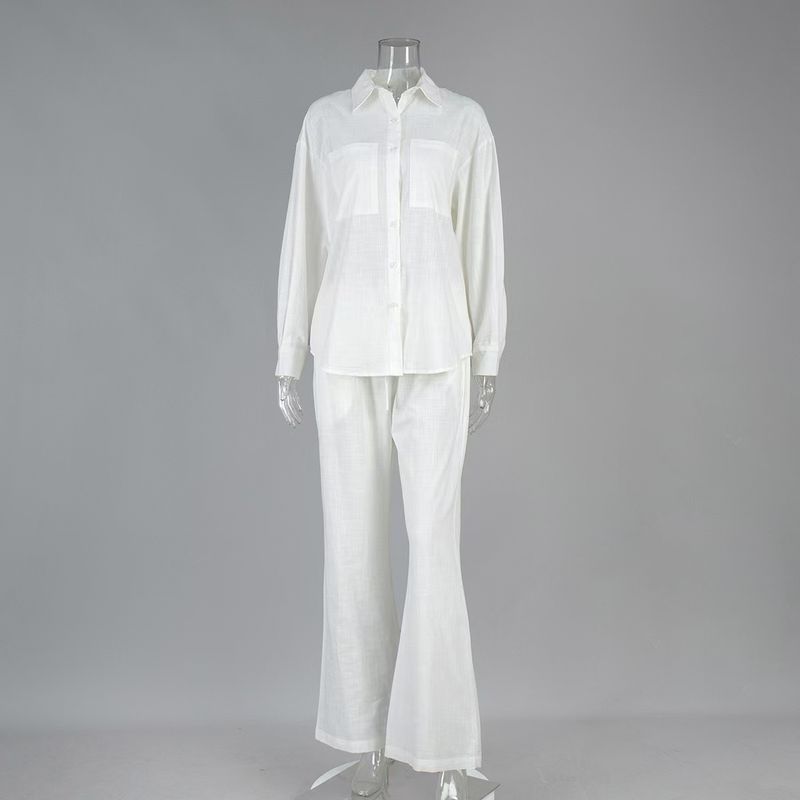 

Western Style Fashion Casual Long sleeve Shirts Wide Leg Pants Two-Piece Suit Loose Shirt and Pants Set White L