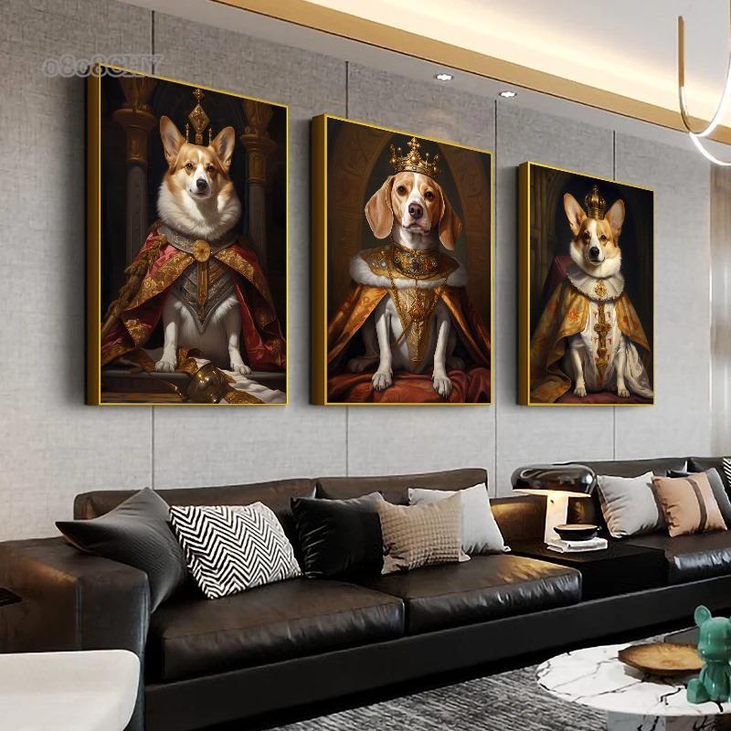 Animal Dog Portrait Art Canvas Painting Dog Dressed King Funny Posters and Prints Wall Art Pictures for Home Living Room Decor
