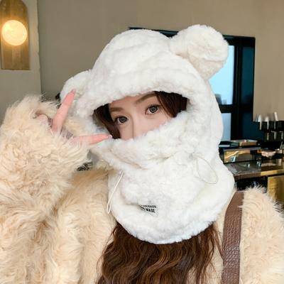 Korean Version of Cute Thick Plush Bear Hat Scarf Mask Integrated In Winter Warmth and Cold Riding Ear Protection Hat Trend