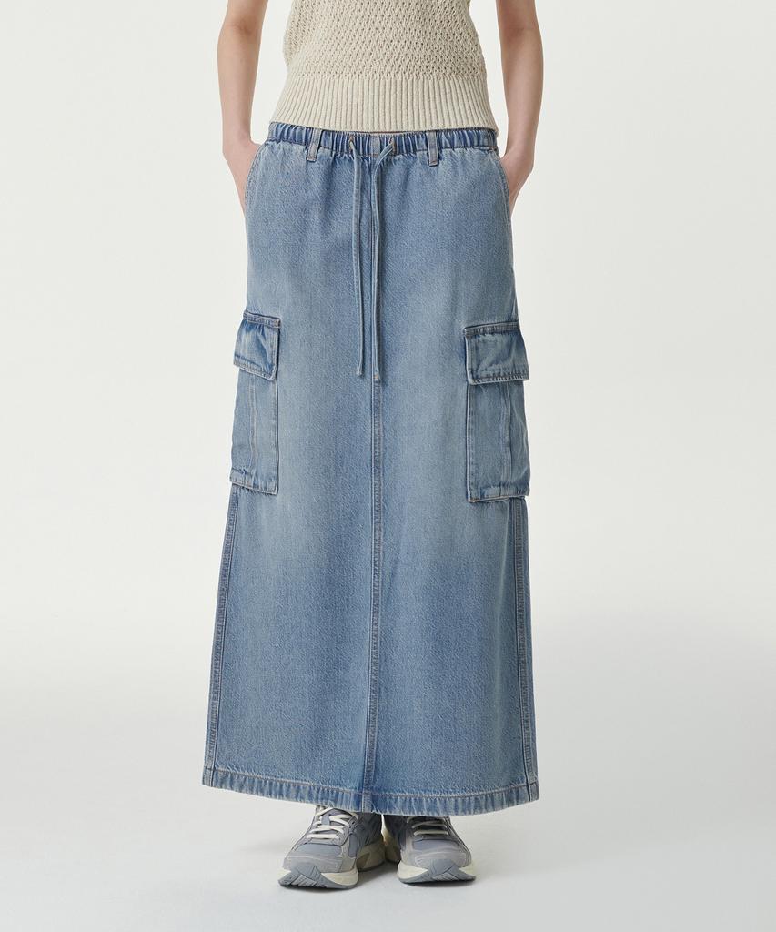 Musinsa Standard Woman Women'S Denim Cargo Elastic Waist Maxi Skirt [Light Indigo]