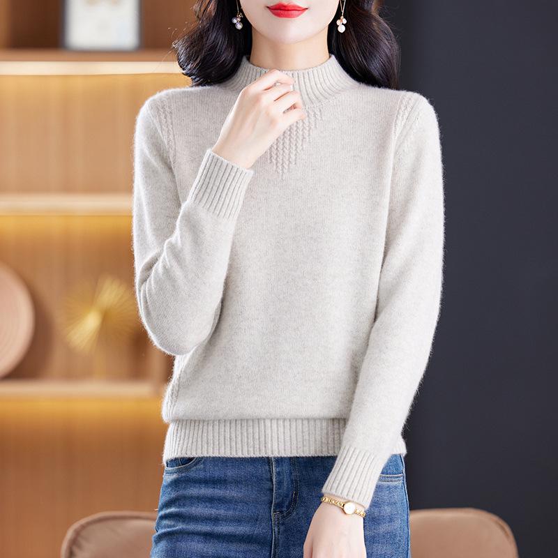 Women's Cashmere Wool Sweater - Autumn Winter, Warm Loose Fit, Half High Collar, Pure Color, Thickened Mother's Wear