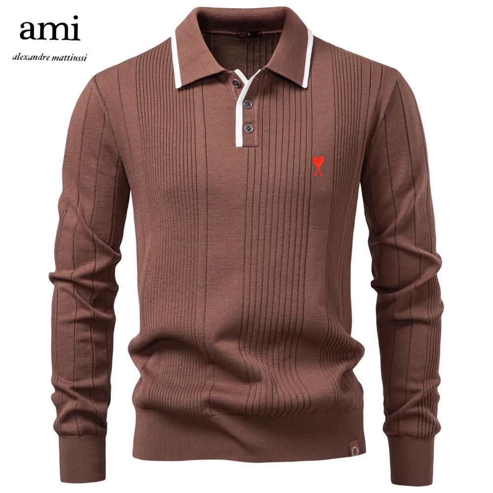 AMI 2025 Herbst und Winter Neuer Stickerei Herren Jacquard Pullover Herren Pullover Einfarbig V-Ausschnitt Strickpullover Herren