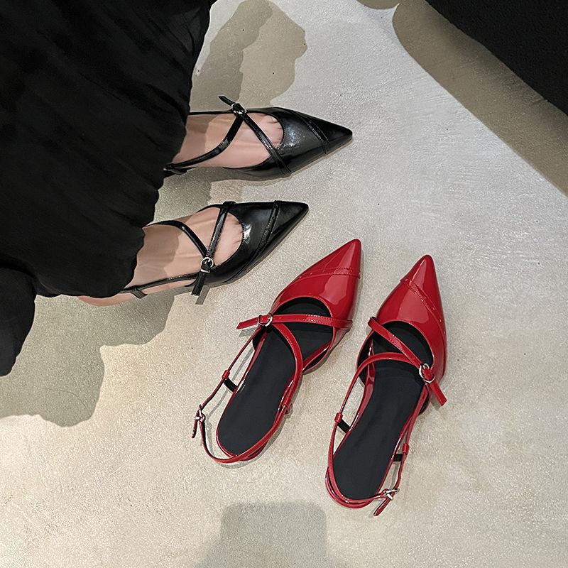 Fashion New Summer Sandals Split Leather Pointed Toe Sandals for Women Low Heels Fashion Retro Sandals Wedges Ladies Shoes Women Black