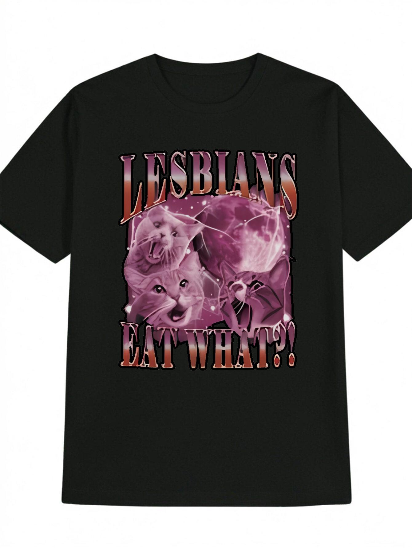 Casual Graphic T-shirt with Lesbians Eat What? Slogan & Cat Print - Black Round Neck Summer Tee M