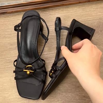 Fashion Black Narrow Band High Heel Sandals Women Fashion Metal Decoration Designer Shoes Comfortable Back Strap Buckle Wedges Sandals