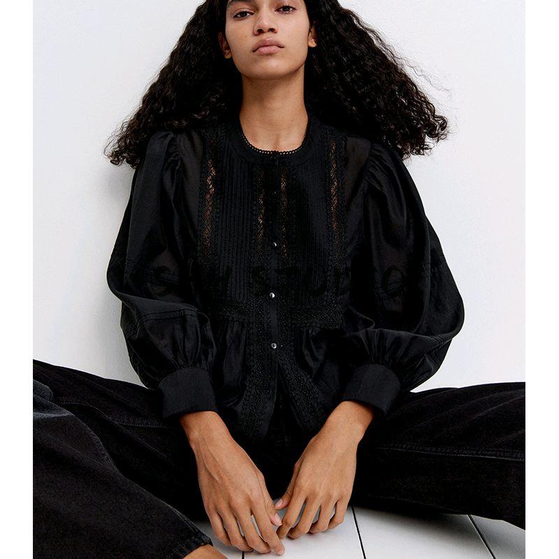 Spring and Summer New Women's Clothing Lace Inlaid Chinese Stand Collar Bubble Long Sleeve Fine Pleated Decorative Shirt 1281837