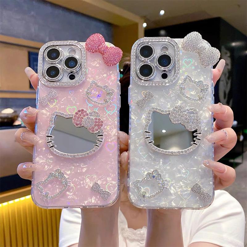 Applicable Apple 17Promax Bow Mirror Kt Cat Iphone16 Rhinestone Luxury 15Plus Creative All-Inclusive