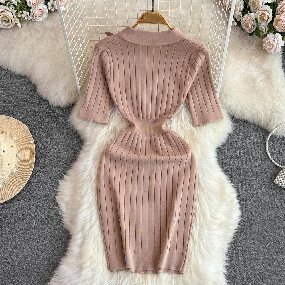 New Summer Women Lapel Knitted Sweater Solid Dress Short Sleeve Sheath Bodycon Mini Party Dresses