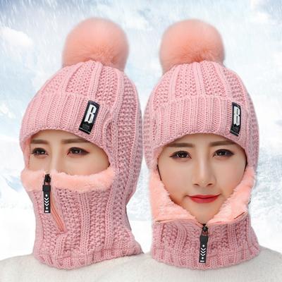 Ensemble de chapeaux de Ski tricotés en laine pour femmes, coupe-vent, hiver, extérieur, tricot chaud et épais, écharpe siamoise, chapeau chaud