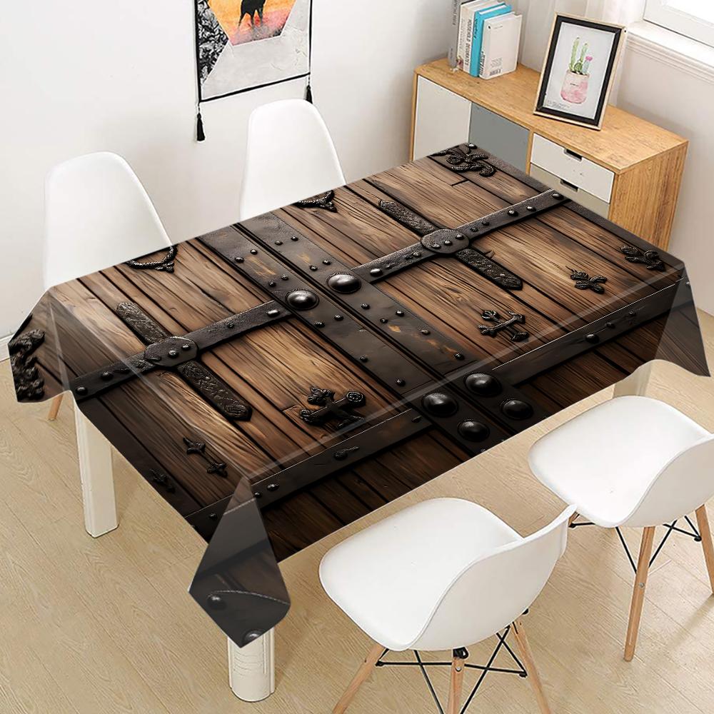 Durable Polyester 1pc Wood Grain & Vintage Steel Printed Tablecloth | Square Table Cover for Dining Room Decor