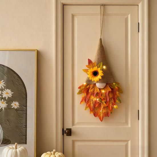 Thanksgiving Maple Leaf Gnome Wreath with String Light Indoor Outdoor Front Door Wall Hanging