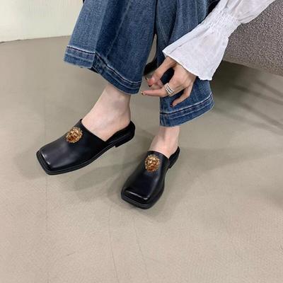 Zapatillas de media caña Baotou para mujer, nuevas, estilo vintage francés, zapatos pequeños de cuero, punta cuadrada, zapato sencillo, suela plana blanda, zapatos tipo muller 37
