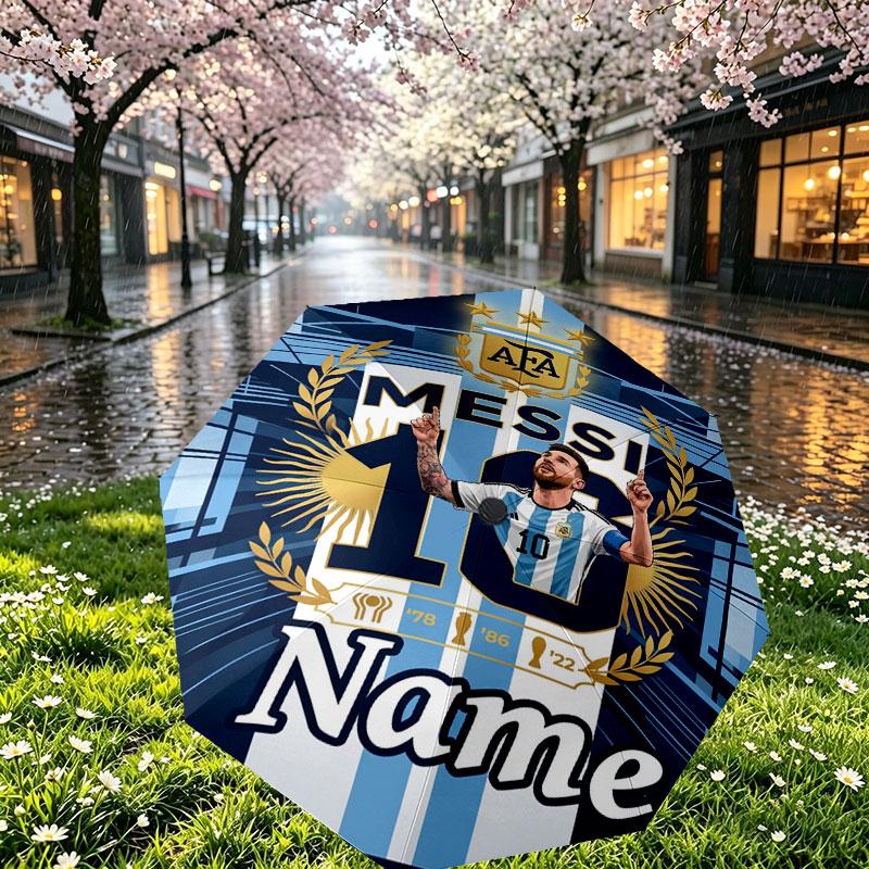 Custom Name Personalized Leo Messi Print Umbrella, Auto Open Close, 8‑Rib Sturdy Frame, Commute Camping Hiking Use, Birthday Gift