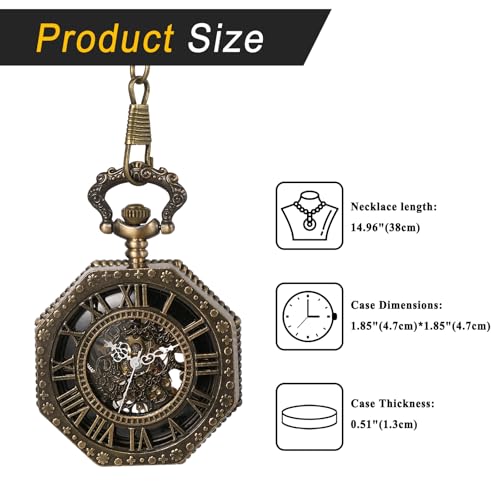 Antique Mechanical Pocket Watch with Hand-Wound Skeleton: Octagonal Roman Analogue Pocket Watch with Retro Pendant and Brown Chain - Perfect Gift for