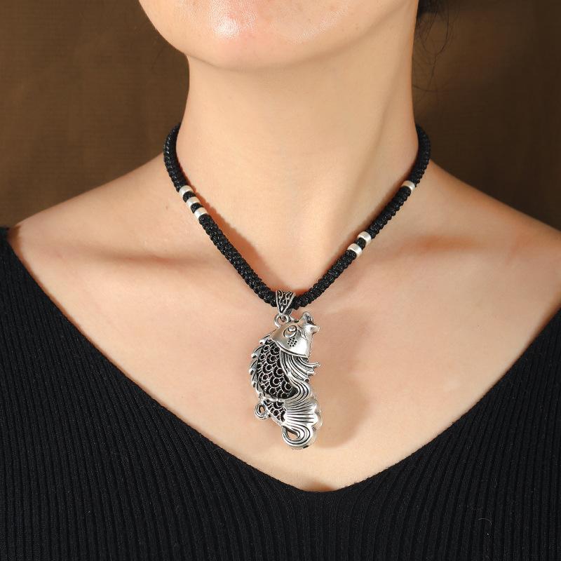 Retro imitation Thai silver short necklace femininity versatile collarbone chain flower fish handwoven jewelry