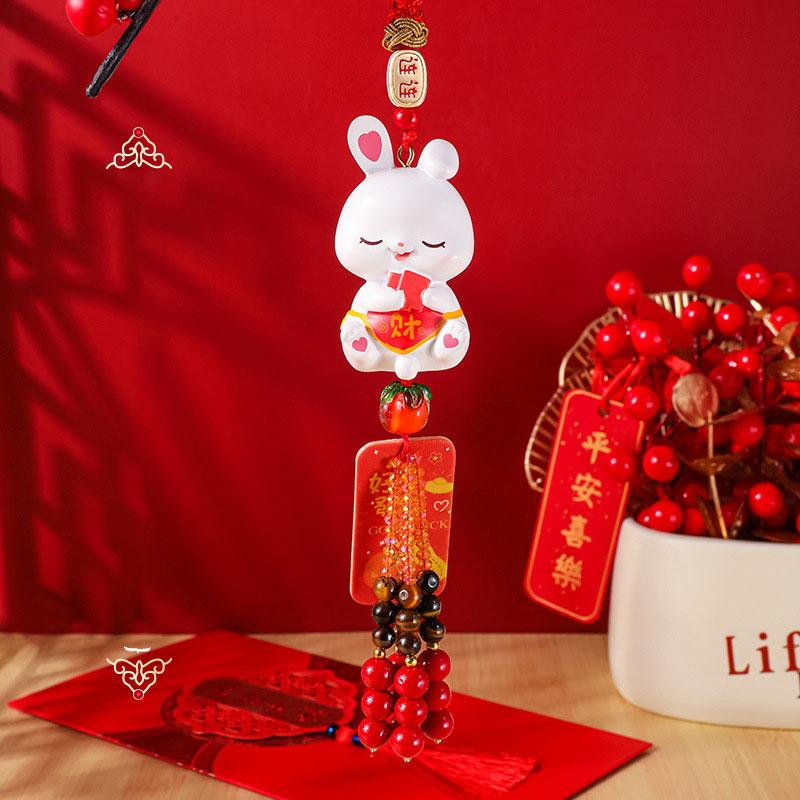 2024 New Year Rabbit Car Pendant Car Mirror Cute Rabbit Decoration Ornament Hanging Valentine's Day Gift Automotive Interior