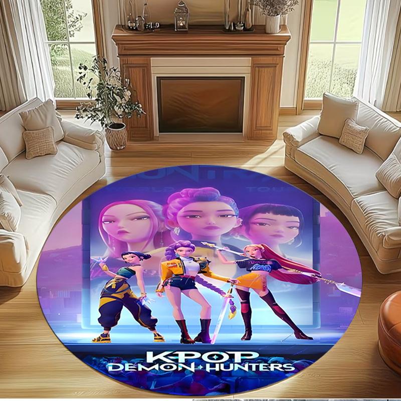 Tappeto Rotondo con Stampa KPop Demon Hunters, Tappeto da Pavimento Lavabile, Per Ingresso, Stanza del Dormitorio, Lavanderia, Ufficio, Studio, Decorazione per la Casa, Regalo di Compleanno Natale