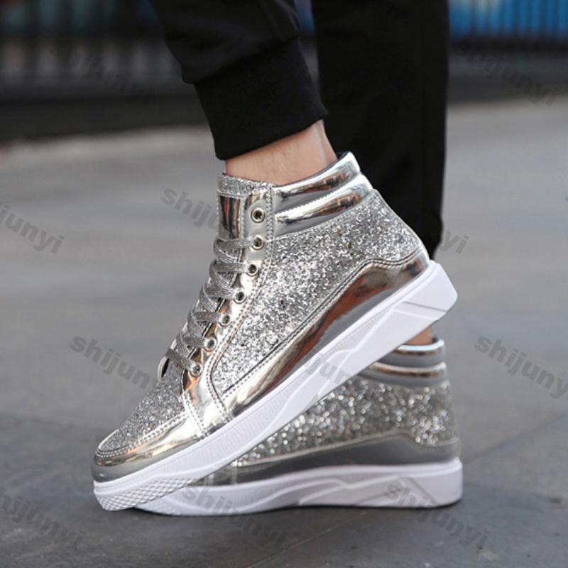 Fashion Men's Flats Leather Ankle Boots Man Autumn Fashion Bright Comfortable Casual Shoe Sneakers Casual High-top Retro Gold Sneakers