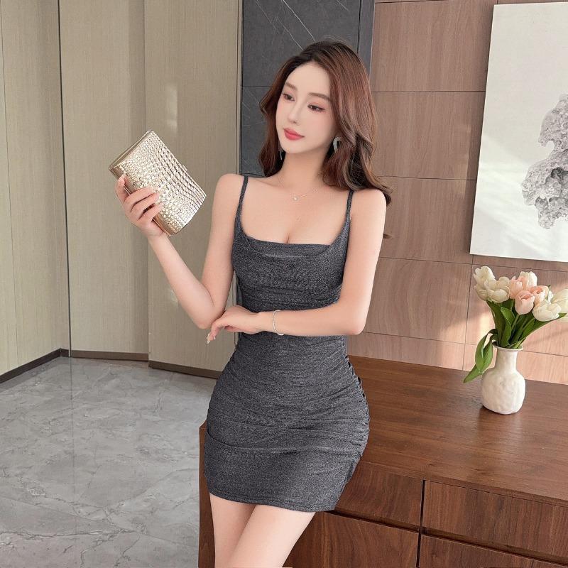 

Suspender low-cut backless sexy hottie pure desire temperament splicing night club short elastic hip-wrapped bottoming dress S серый