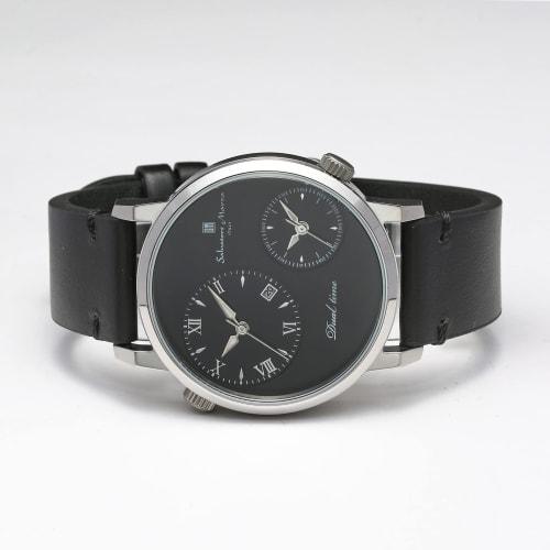 [Salvatore Marra] Men's Women's Watch Stainless Steel Black Silver Analog Quartz Dual Time Business Casual Leather Belt SSBK