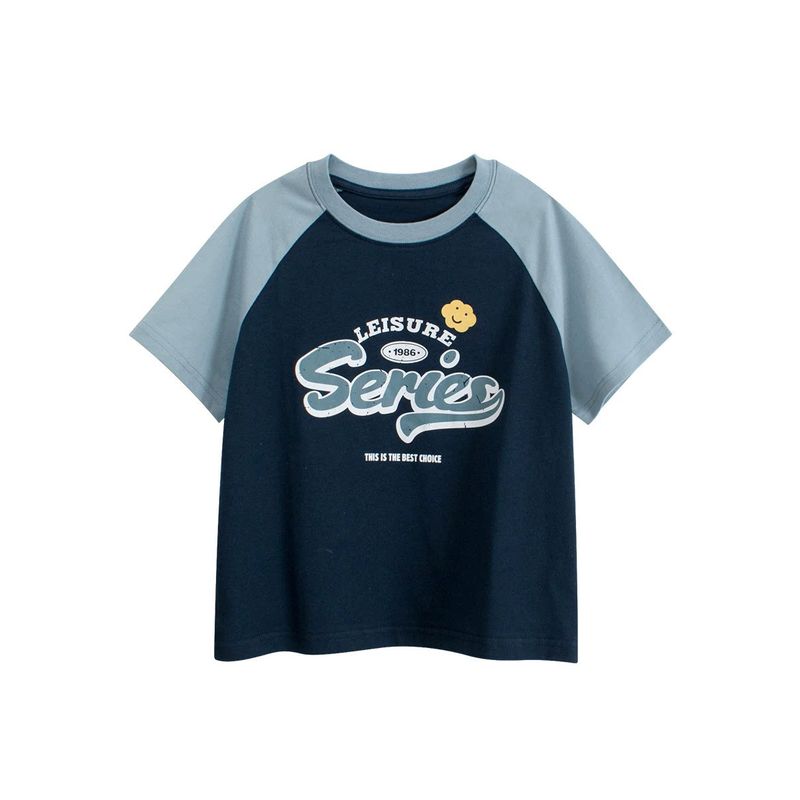 Boys and Girls Raglan Sleeve Short-Sleeved T-Shirt Summer Kidsren's Contrasting Color Letter Print Top Medium and Large Kidsren's Pure Cotton Clothes