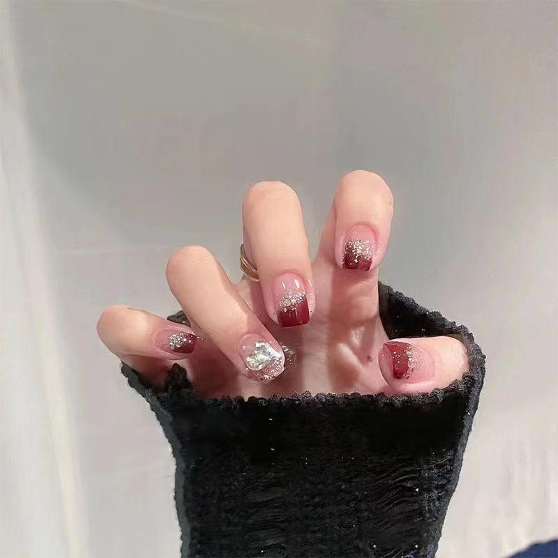 Chestnut Red Handmade Gel Nail Stickers Cherry Color Nail Patch Short French Heart Nail Art