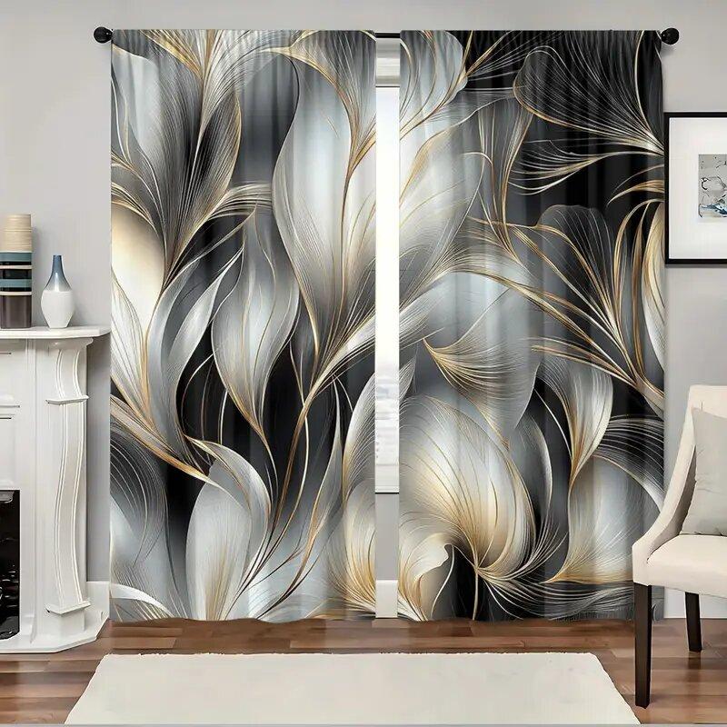 

2 Pcs Black and white maple leaves print curtains,suitable for bedroom,living room kitchen decor,home decoration,window decor 14Wx39L(35x100CM)x2&Rod Pocket