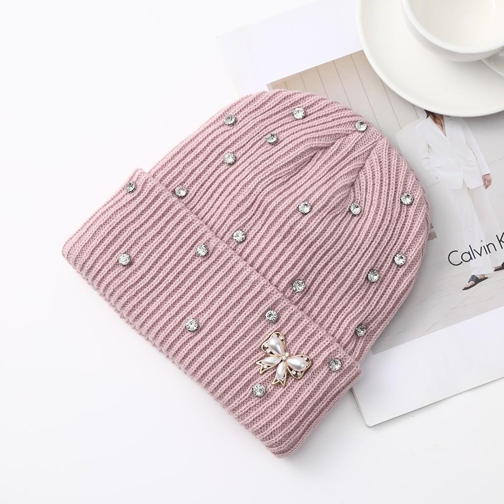 Solid Color Crystal Pearl Bow Beanie Warm Pullover Hat Fashion Knit Hat Outdoor