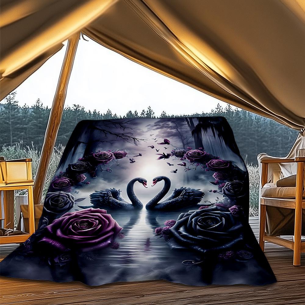 

1pc Black Swan Roses Outdoor Blanket - Lightweight Flannel Throw For Travel, Camping, Gifts For Family Or Friends yy251114186 75x90cm
