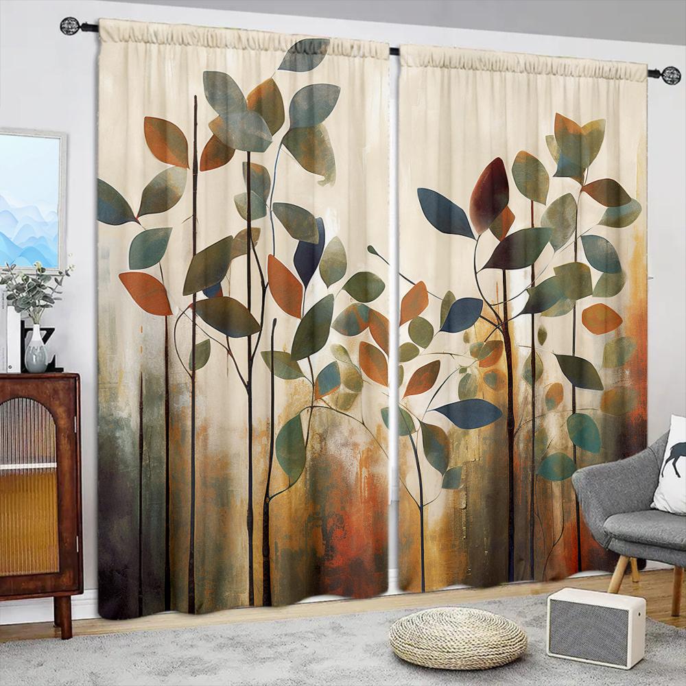 2pcs Art Leaves Printed Curtain for Home Decor - Rod Pocket Window Treatment for Bedroom, Office, Kitchen, Living Room,and Study