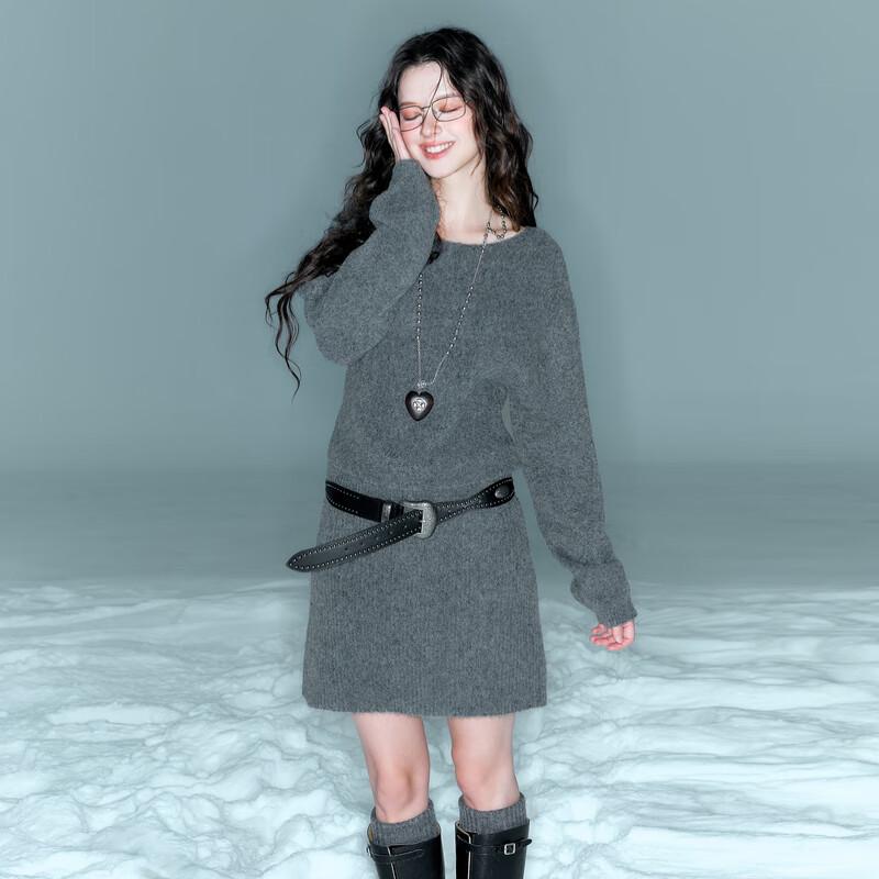 

SANCCO 2025 Winter Round Neck Knitted A-Line Mini Dress XL