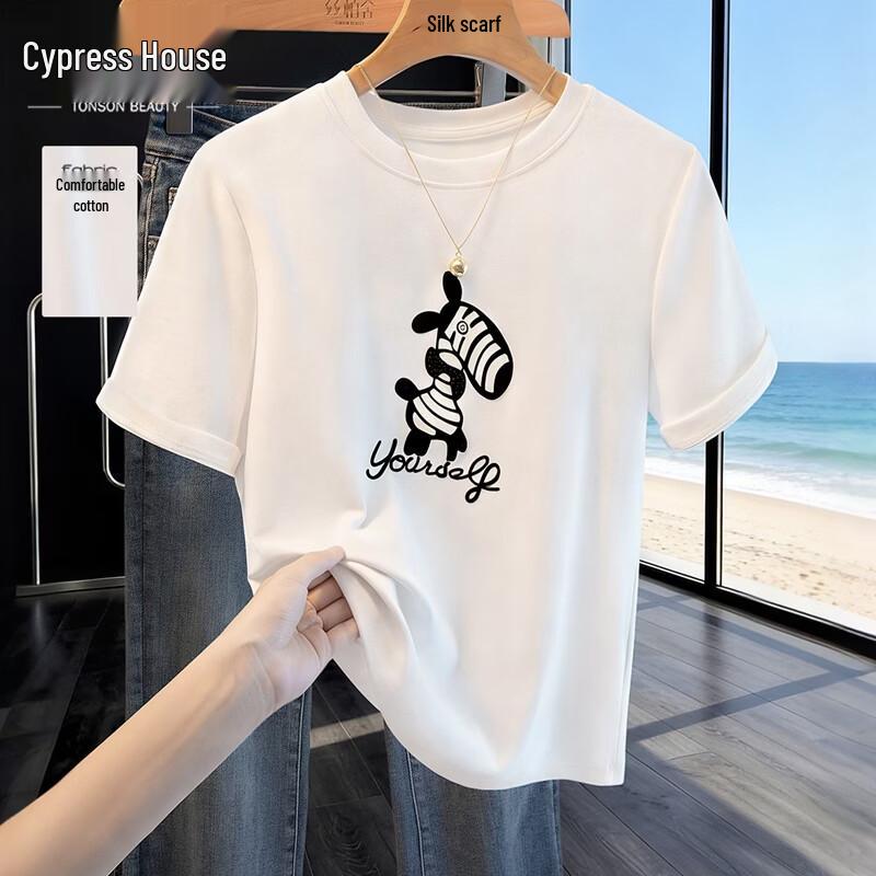 Women s Cartoon Print Slim Fit Round Neck T-Shirt One Size