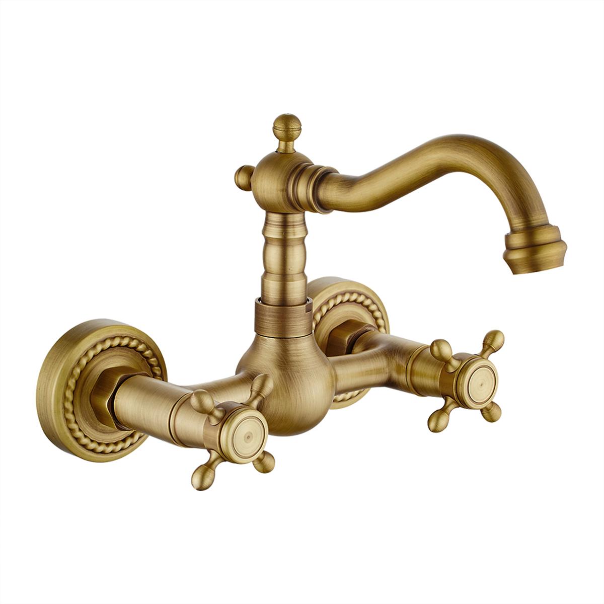 

Classical Brass Kitchen Faucet Wall Mounted Dual Handle Holes Cold and Hot Water Taps Rotatable Kitchen Mixer Tap G1/2 латунный